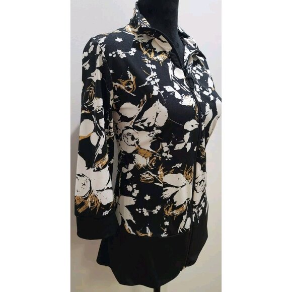 Nice Papillon Blanc Noir Zip Front Floral Print Jacket Size L Lightweight Classy - Picture 4 of 9